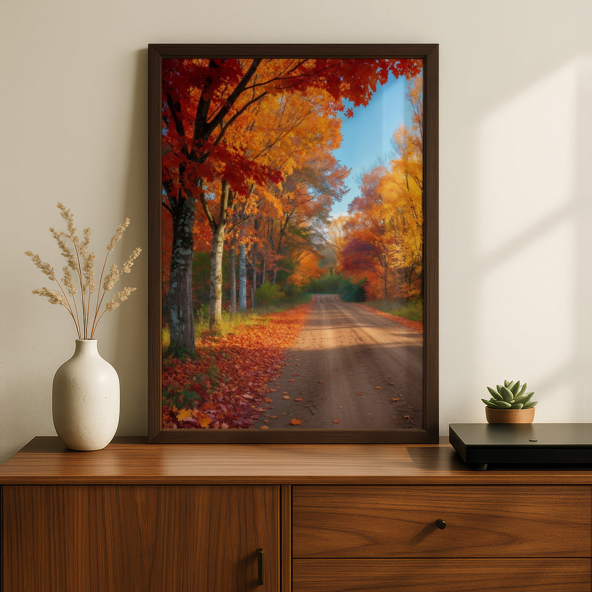 Fall Foliage Road Poster, Autumn Country Lane Wall Art, Orange Red Leaf Nature Print