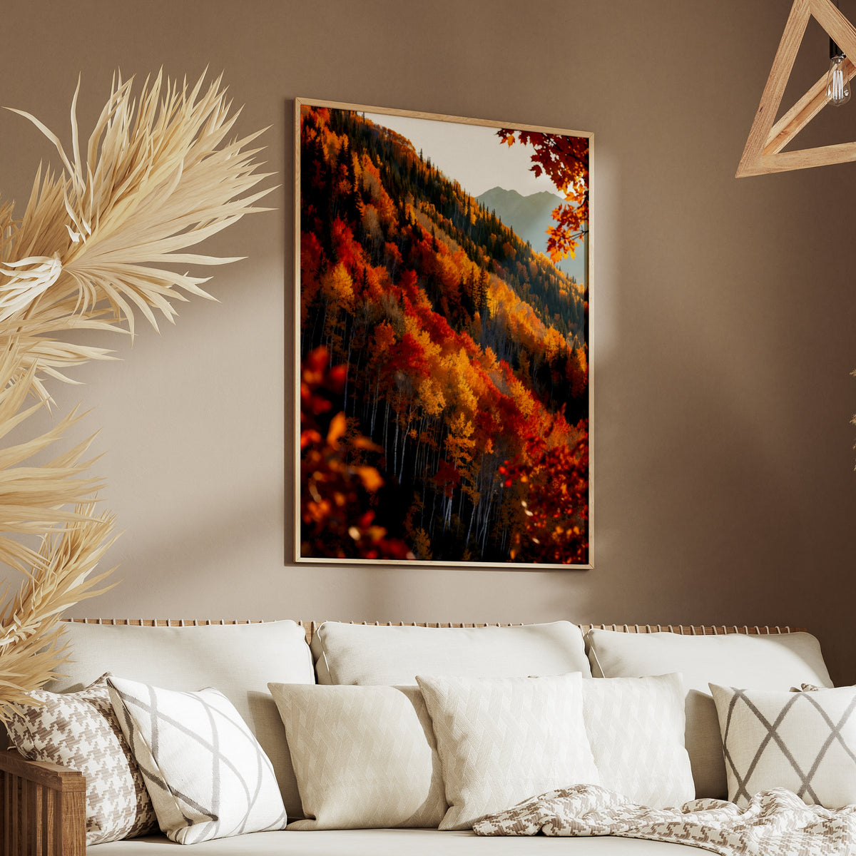 Fall Colors Mountain Forest Poster, Autumn Aspen Trees Wall Art, Red Orange Nature Print