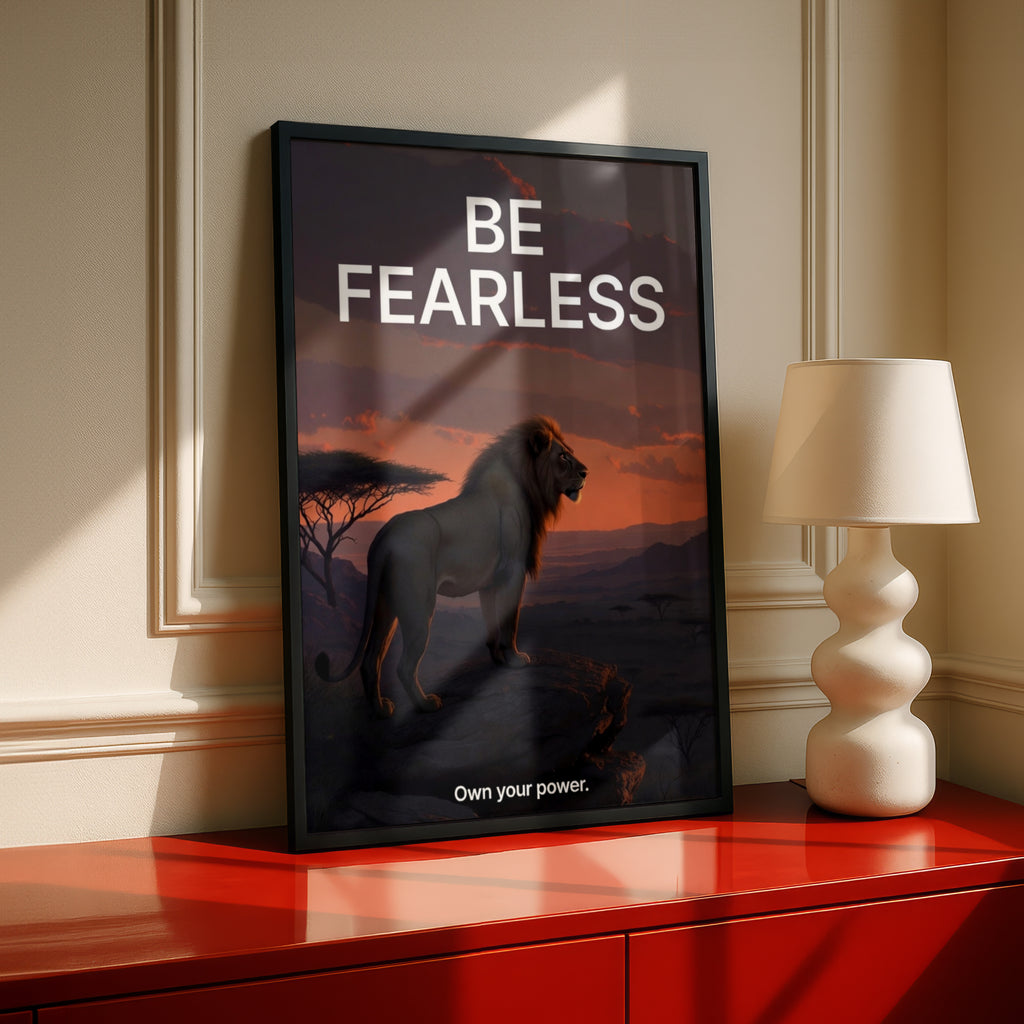 Be Fearless Lion Motivational Poster, Inspirational Wall Art, Safari Sunset Print