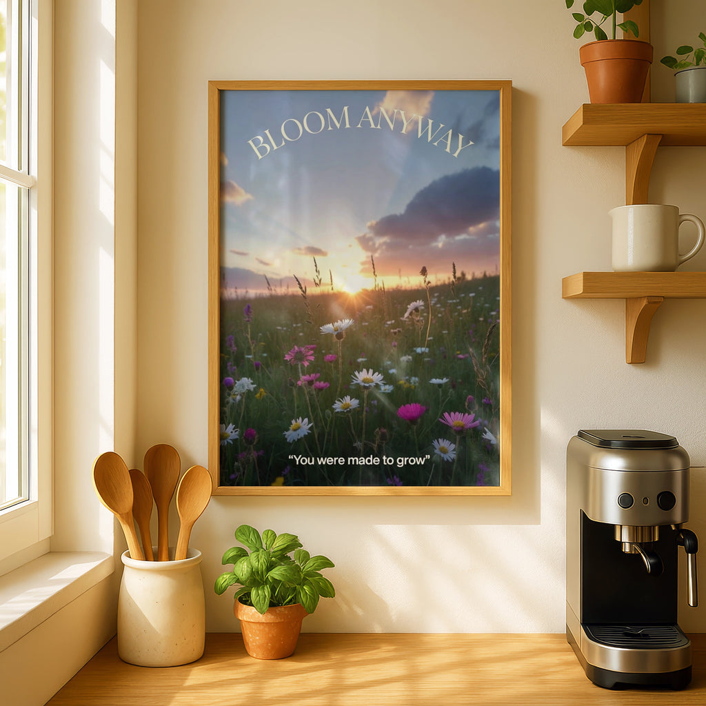 Bloom Anyway Wildflower Sunset Poster, Inspirational Quote Wall Art, Floral Print