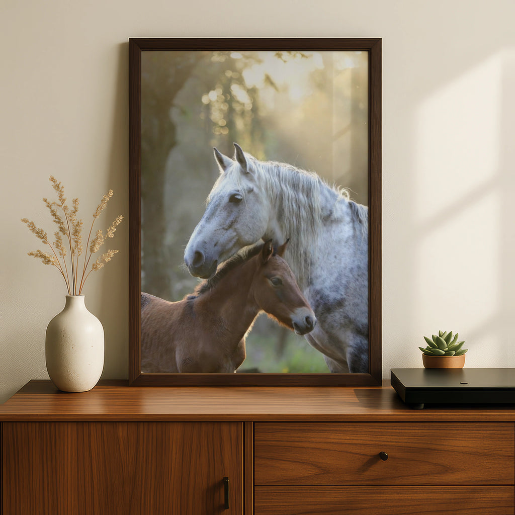 Mare and Foal Horse Poster, Dapple Gray Horse Wall Art, Mother Baby Horse Print