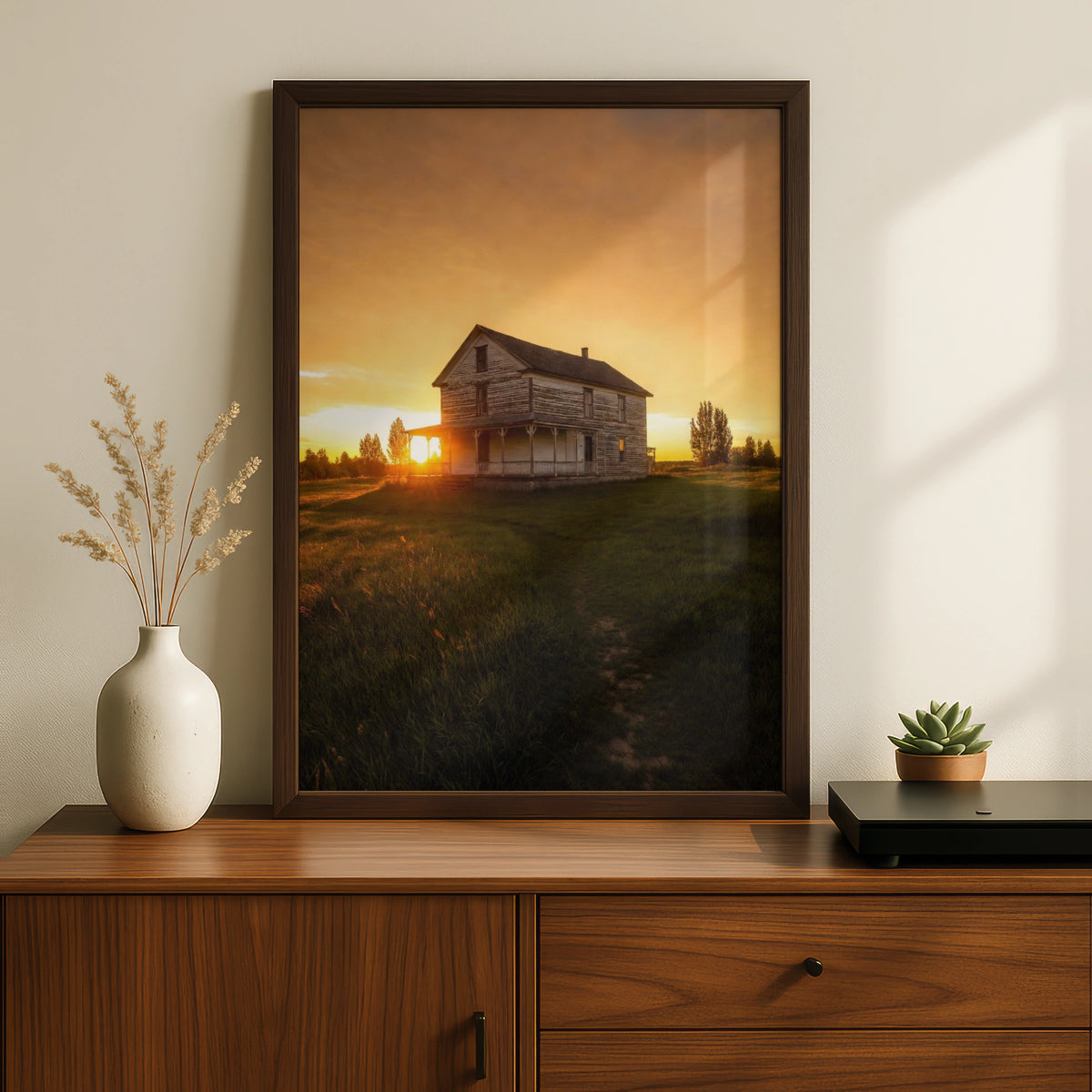 Old Farmhouse Sunset Poster, Rustic Country House Wall Art, Golden Sky Rural Print