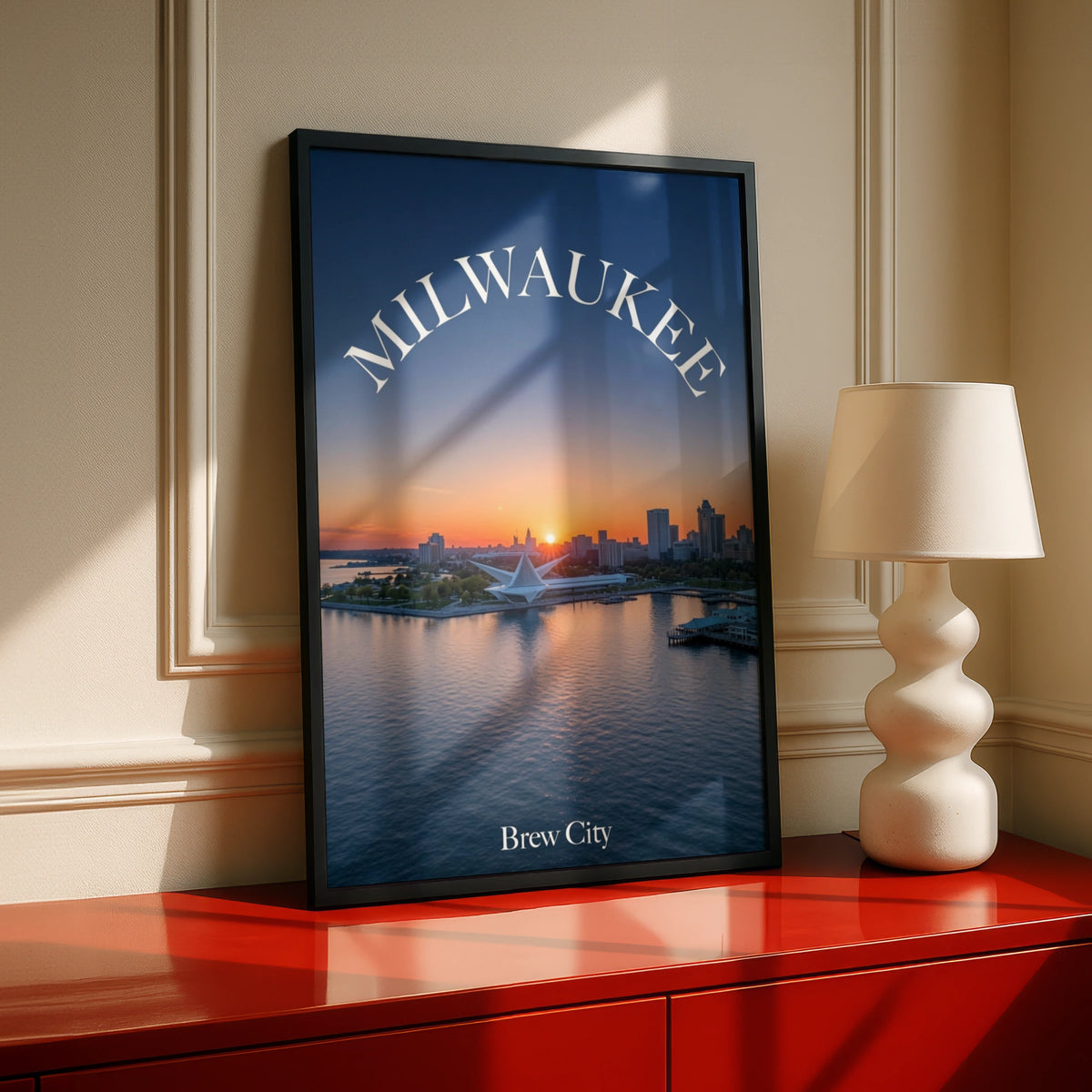 Milwaukee Poster, Brew City Skyline Sunset Wall Art, Lake Michigan Wisconsin Print
