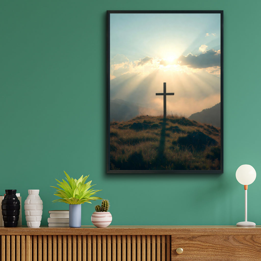Cross on Hill Sunrise Poster, Christian Wall Art, Faith Sun Rays Mountain Print