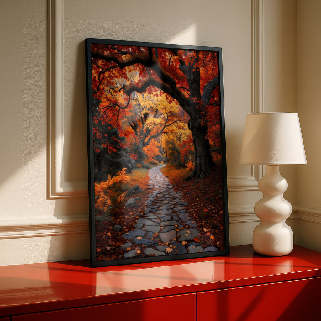 Fall Forest Path Poster, Autumn Colors Nature Wall Art, Red Orange Foliage Stone Path Print