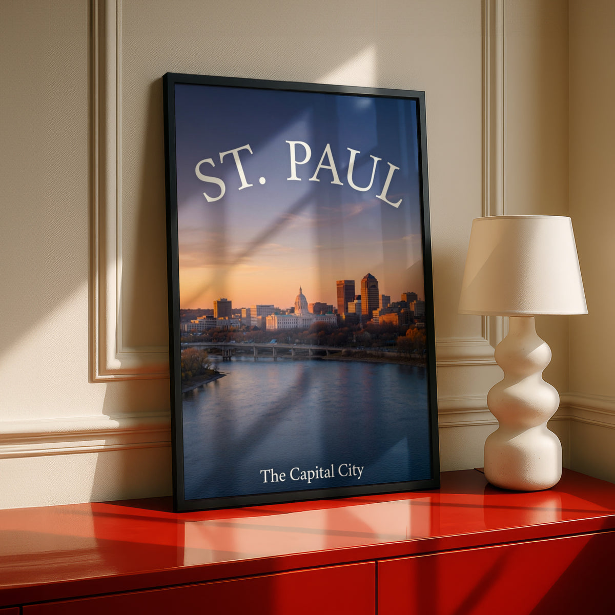 St. Paul Minnesota Skyline Poster, Capitol Building Mississippi River Sunset Wall Art Print