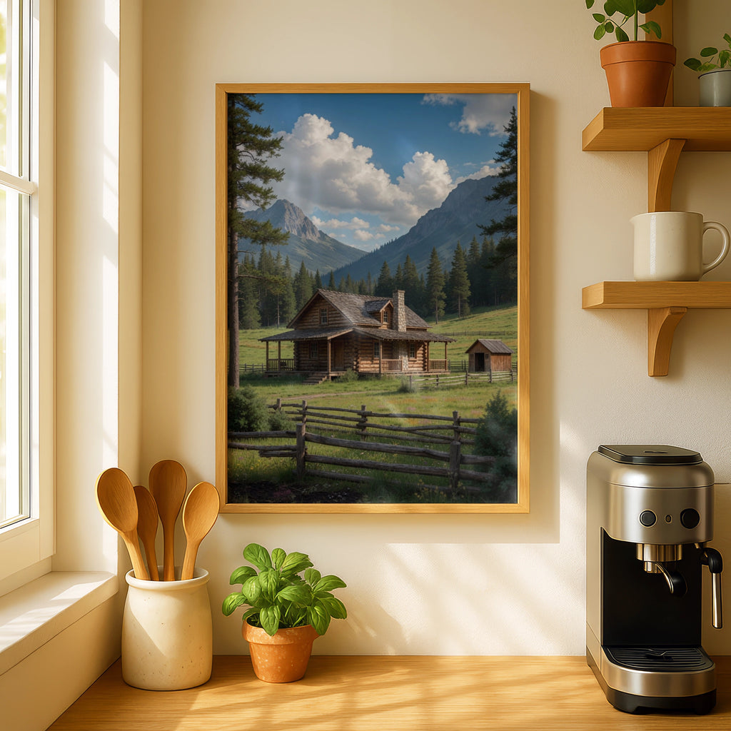 Mountain Cabin Poster, Rustic Log Cabin Wall Art, Nature Landscape Print, Wilderness Decor