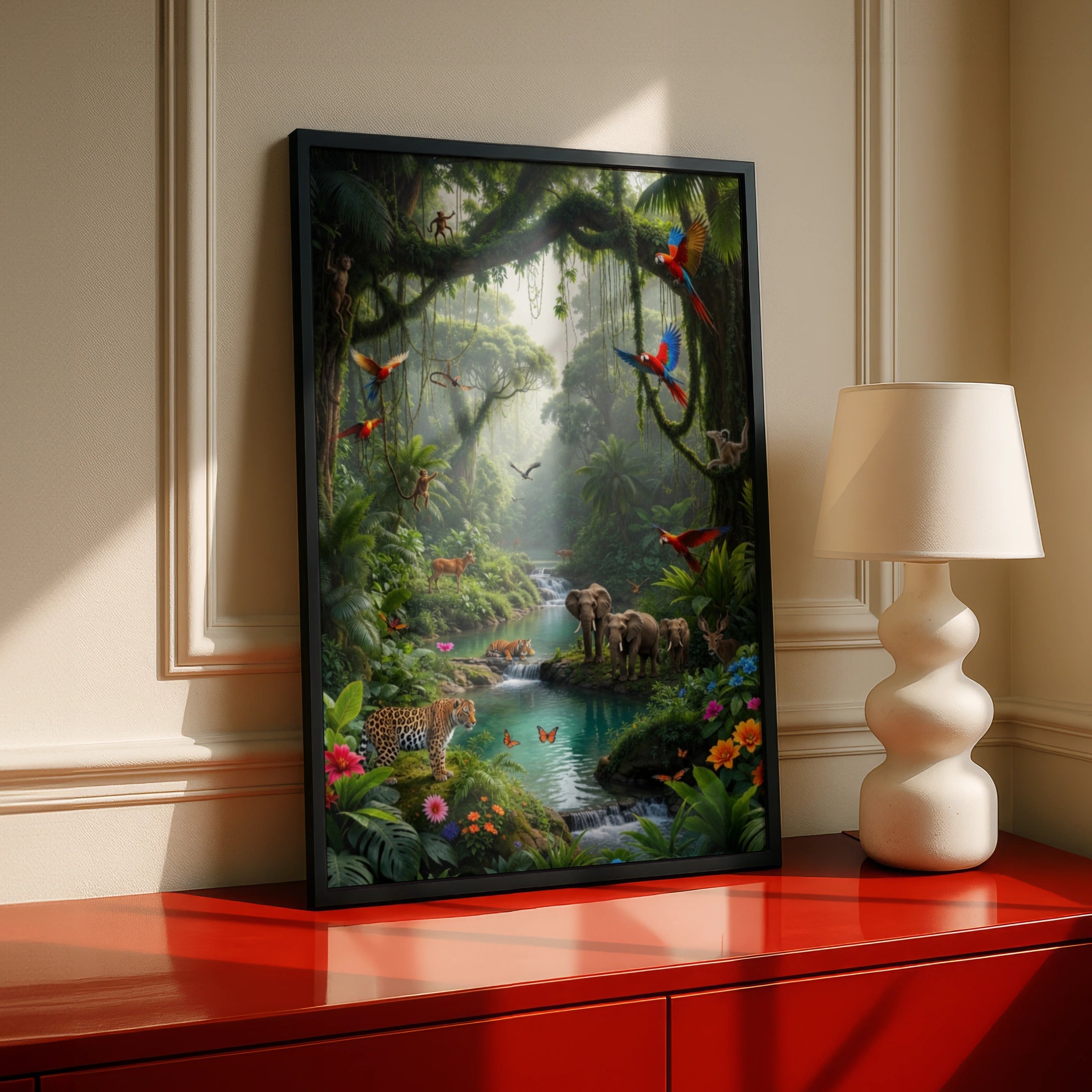 Jungle Wildlife Poster, Tropical Rainforest Animals Wall Art, Elephant Tiger Parrot Print