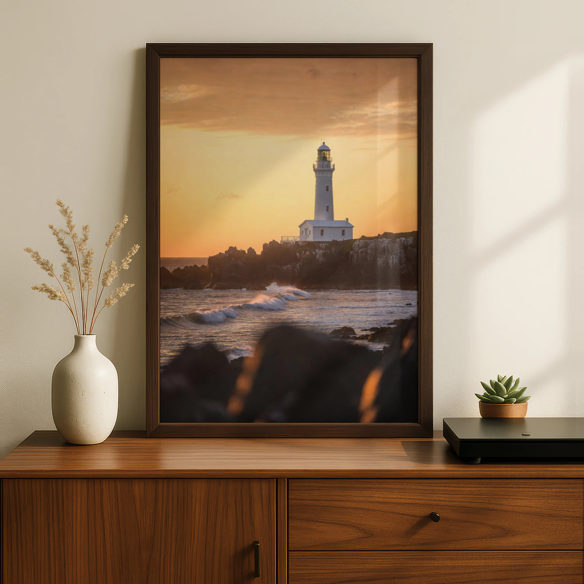 Lighthouse Sunset Poster, Coastal Ocean Wall Art, Rocky Shore Print, Golden Sky Decor