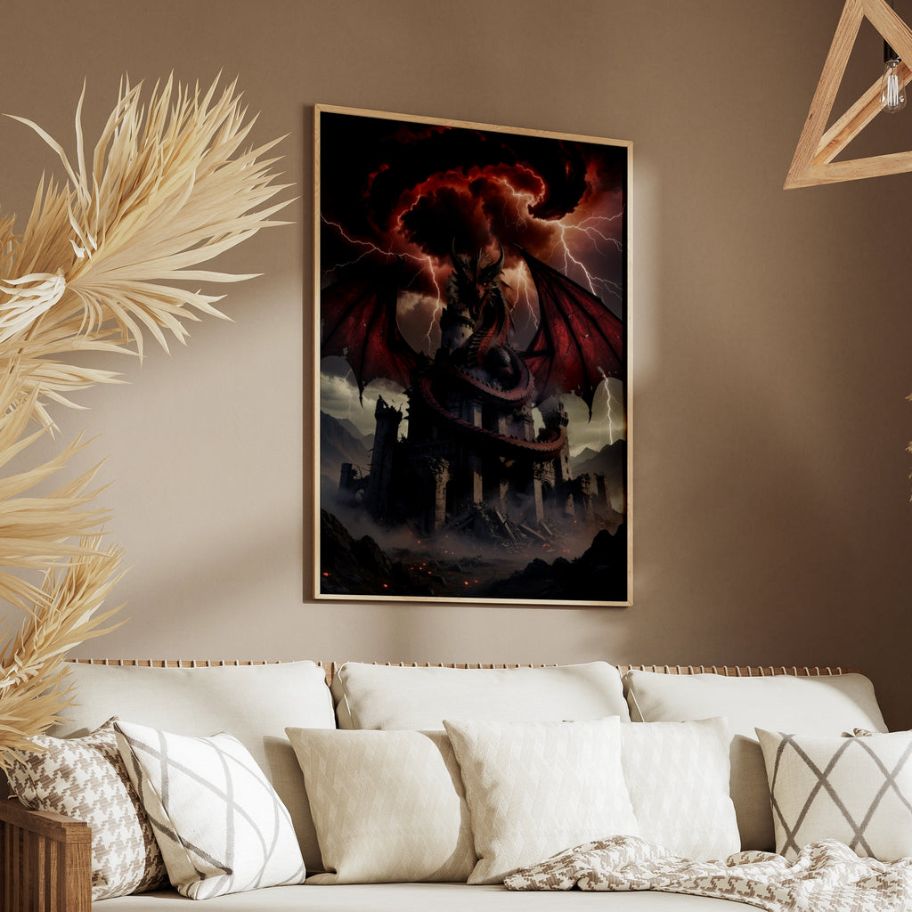 Red Dragon Castle Poster, Dark Fantasy Wall Art, Gothic Storm Lightning Print