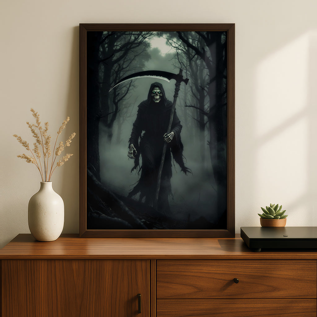 Grim Reaper Dark Forest Poster, Skull Scythe Horror Wall Art, Gothic Halloween Decor Print