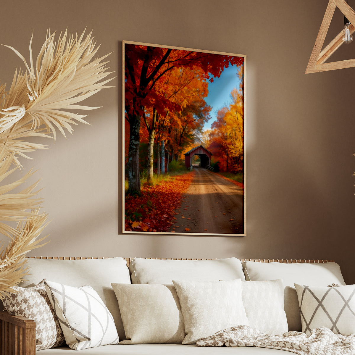 Fall Foliage Covered Bridge Poster, Autumn Country Road Wall Art, New England Nature Print