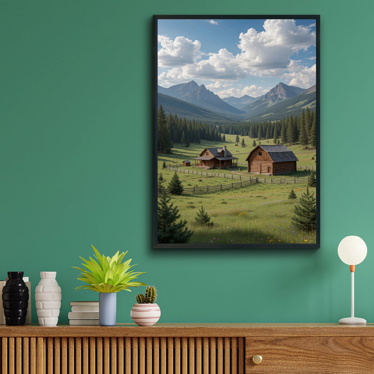 Mountain Cabin Poster, Rustic Log Cabin Wall Art, Alpine Valley Nature Print, Wilderness Decor
