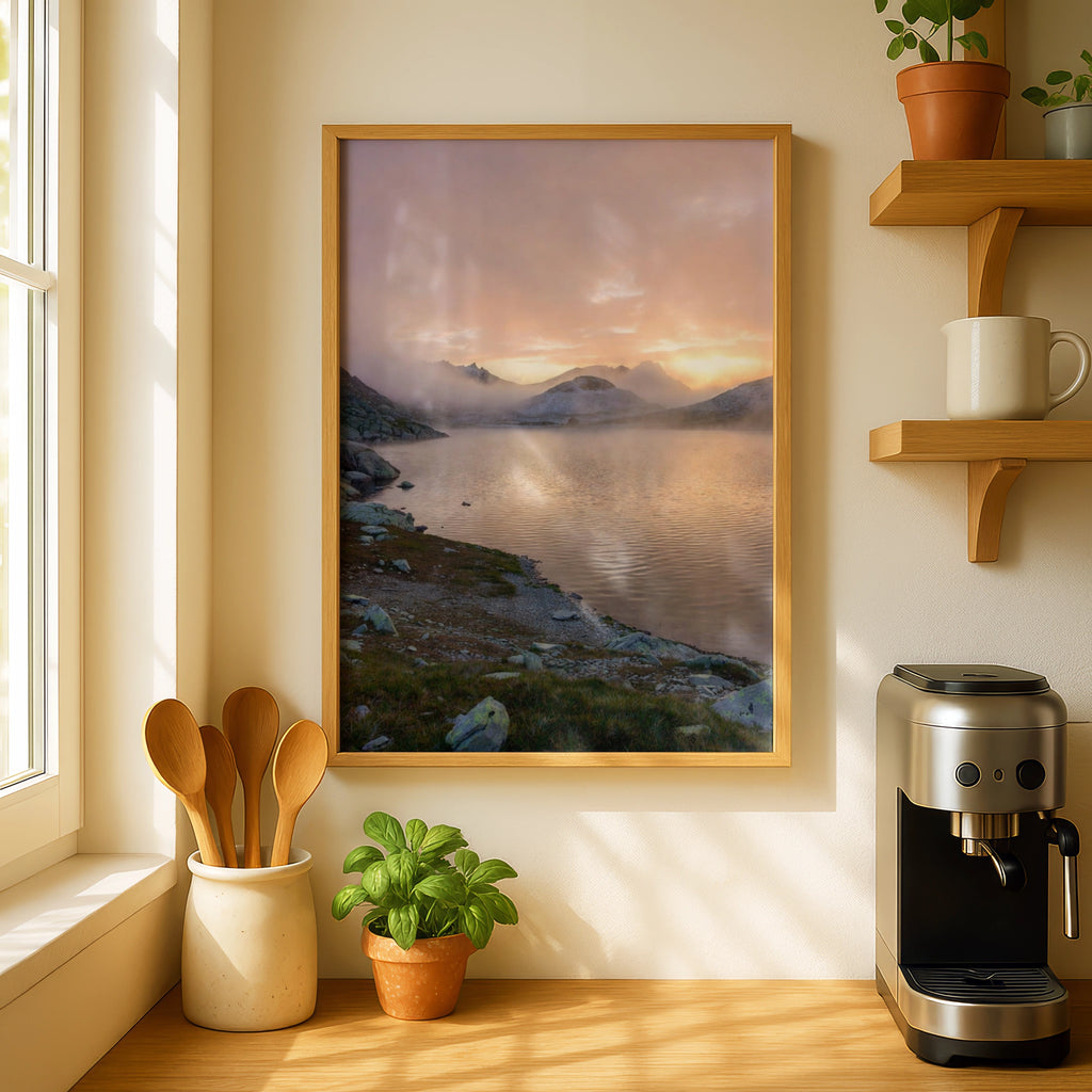 Mountain Lake Sunrise Poster, Misty Alpine Lake Wall Art, Nature Photography Print