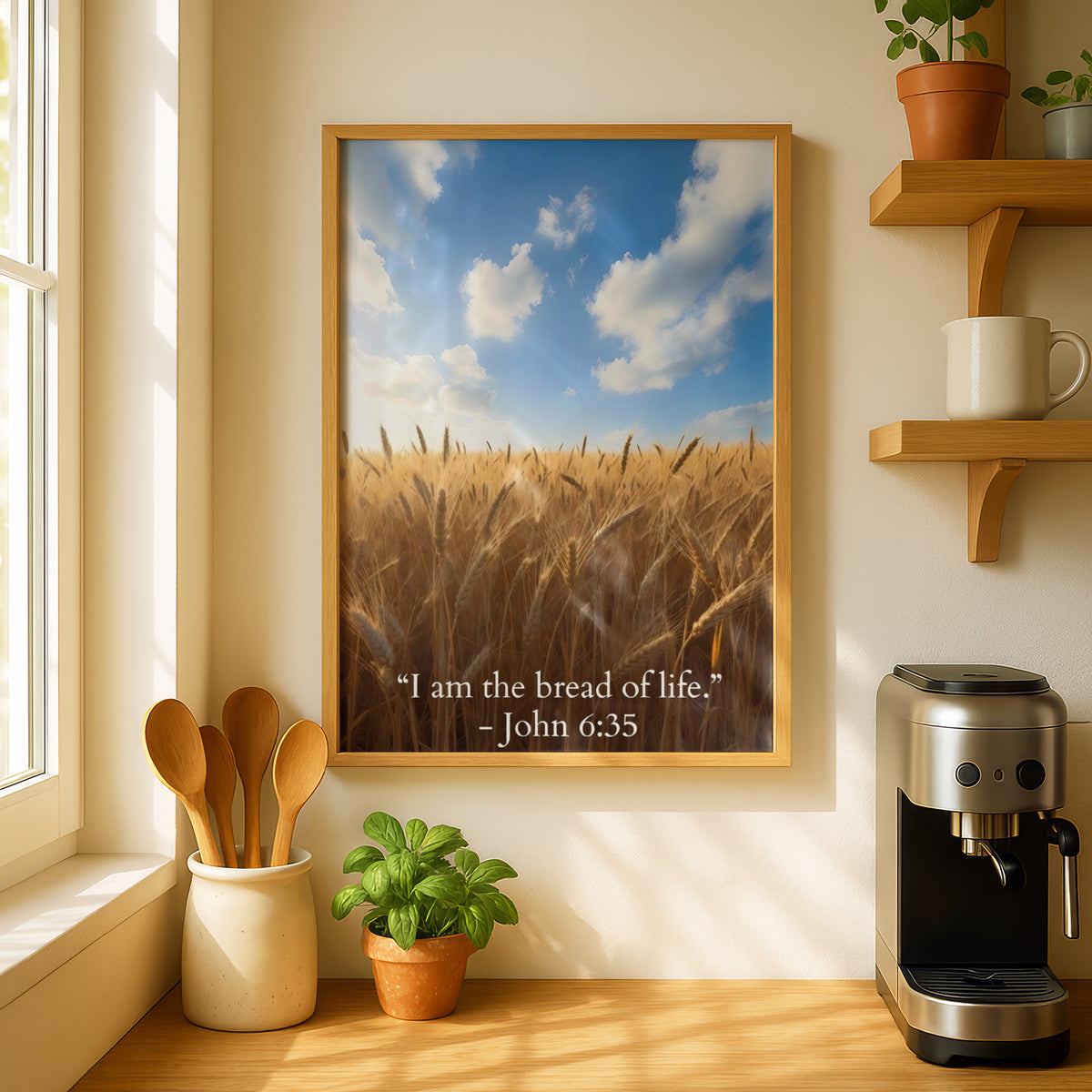 John 6:35 Bible Verse Poster, Bread of Life Scripture Wall Art, Wheat Field Christian Print