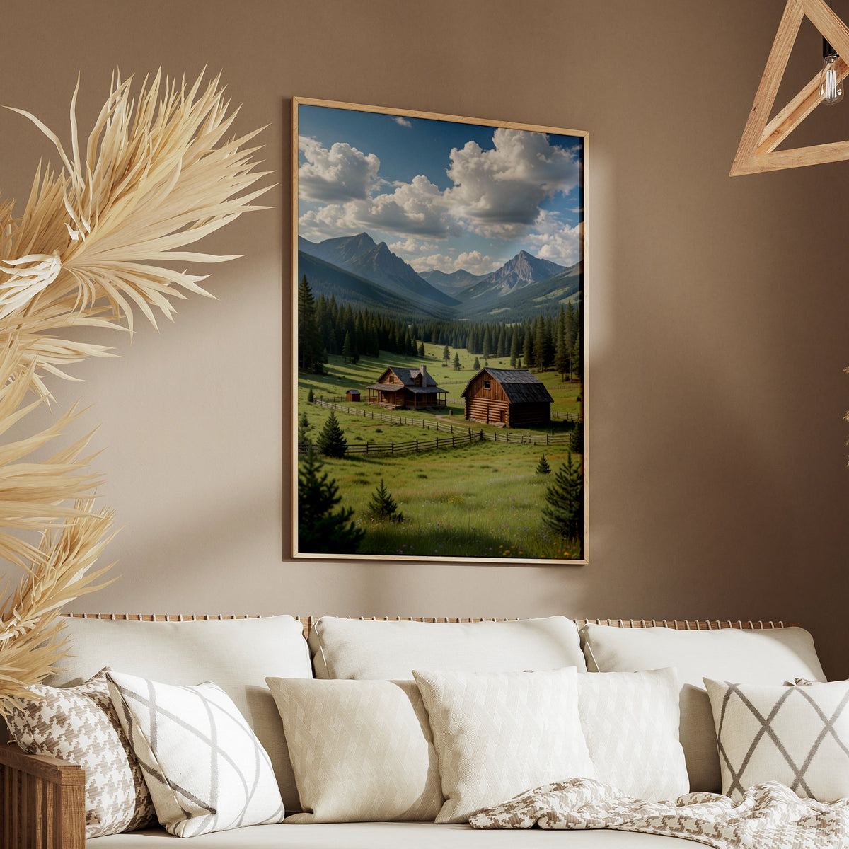 Mountain Cabin Poster, Rustic Log Cabin Wall Art, Alpine Valley Nature Print, Wilderness Decor