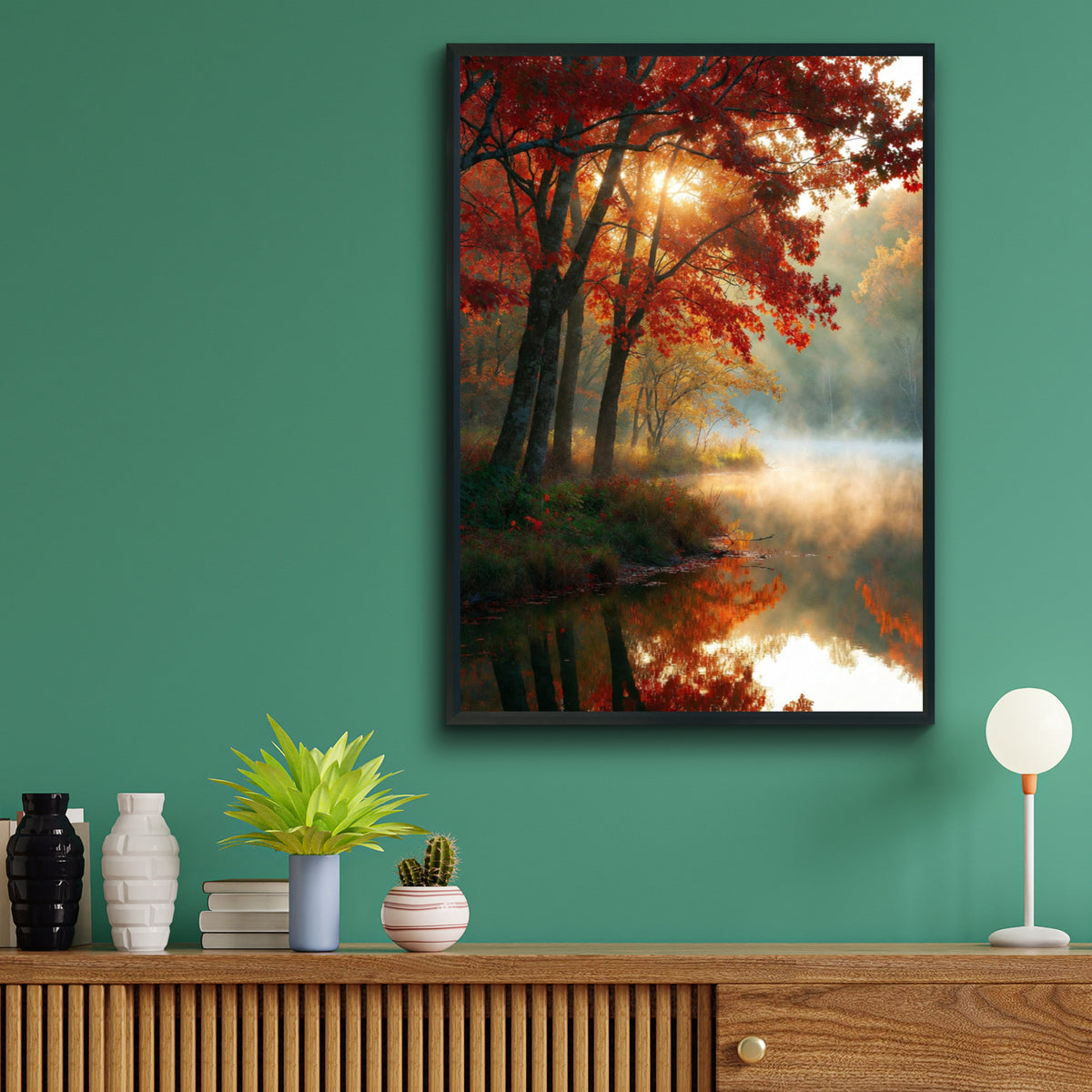 Fall Colors Lake Poster, Autumn Forest Reflection Wall Art, Misty Red Maple Tree Print
