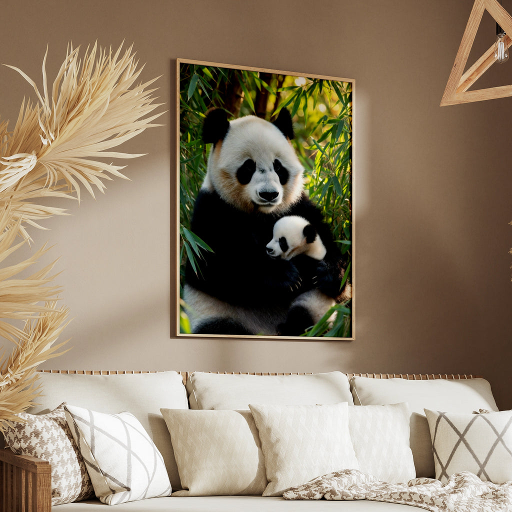Giant Panda Mother and Baby Poster, Cute Panda Cub Wall Art, Bamboo Wildlife Print