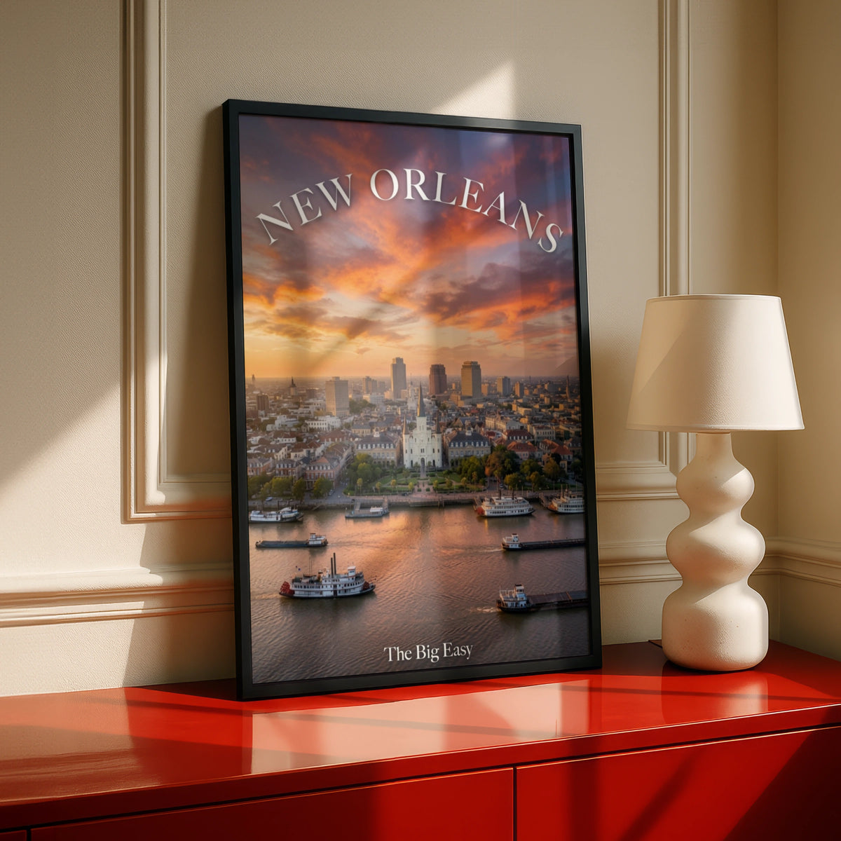 New Orleans Poster, The Big Easy Skyline Wall Art, Mississippi River Sunset Print