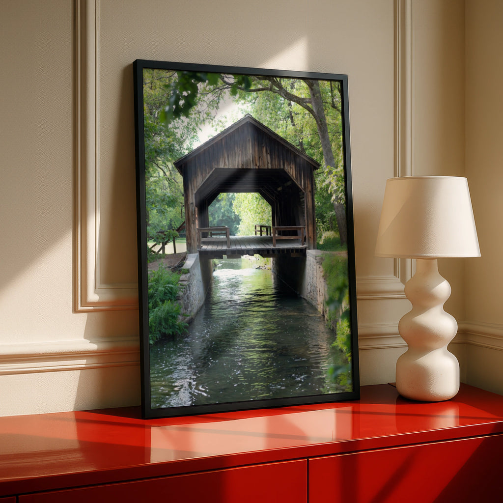Covered Bridge Poster, Rustic Wooden Bridge Print, Country River Wall Art, Nature Landscape Decor