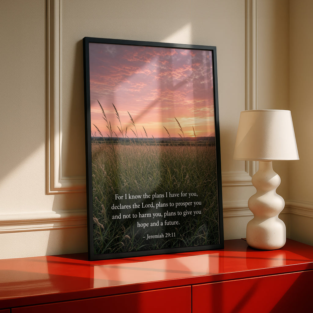 Jeremiah 29:11 Bible Verse Poster, Scripture Wall Art, Christian Gift, Sunset Field Print