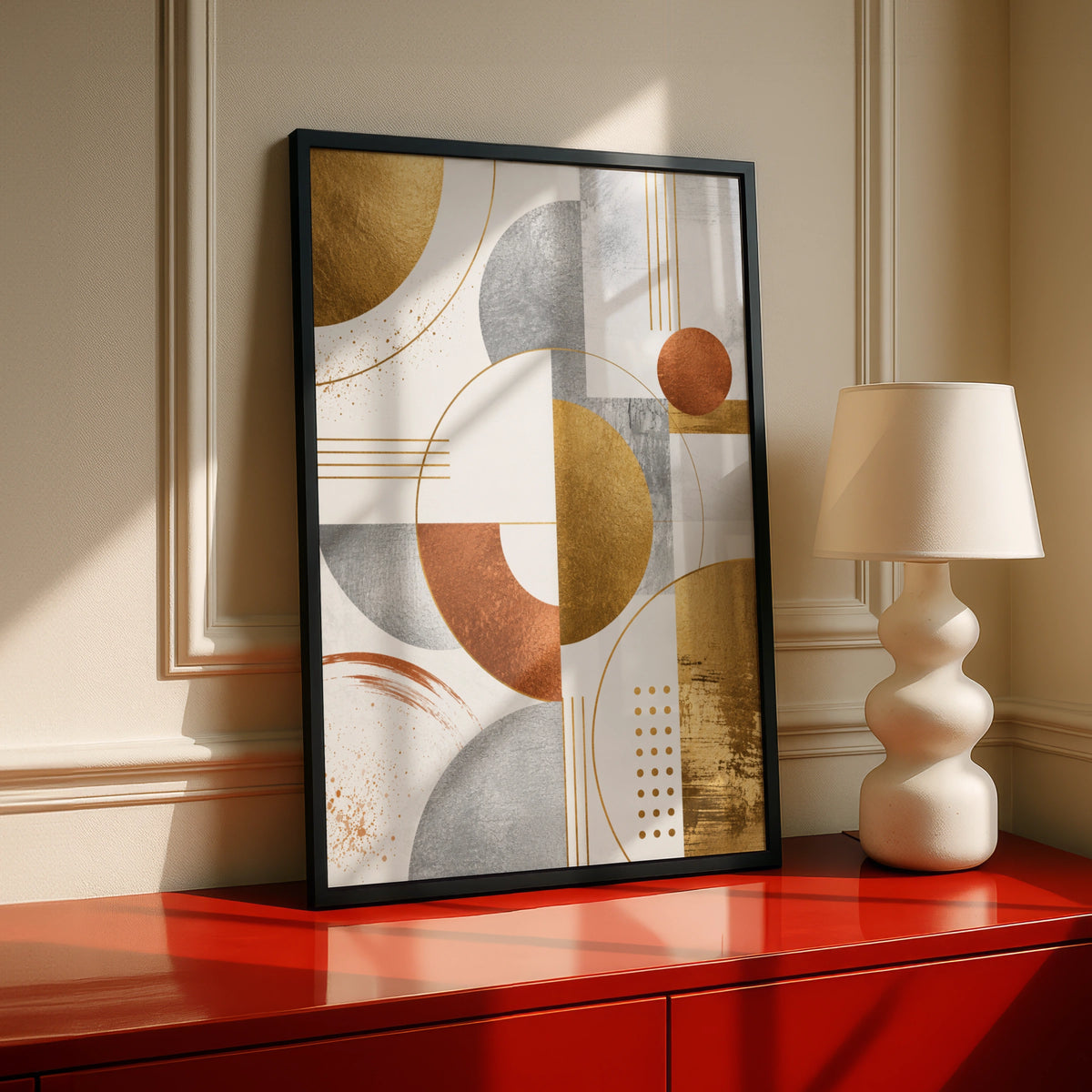 Metallic Abstract Geometric Art Print, Gold Silver Copper Circles, Modern Wall Art Poster