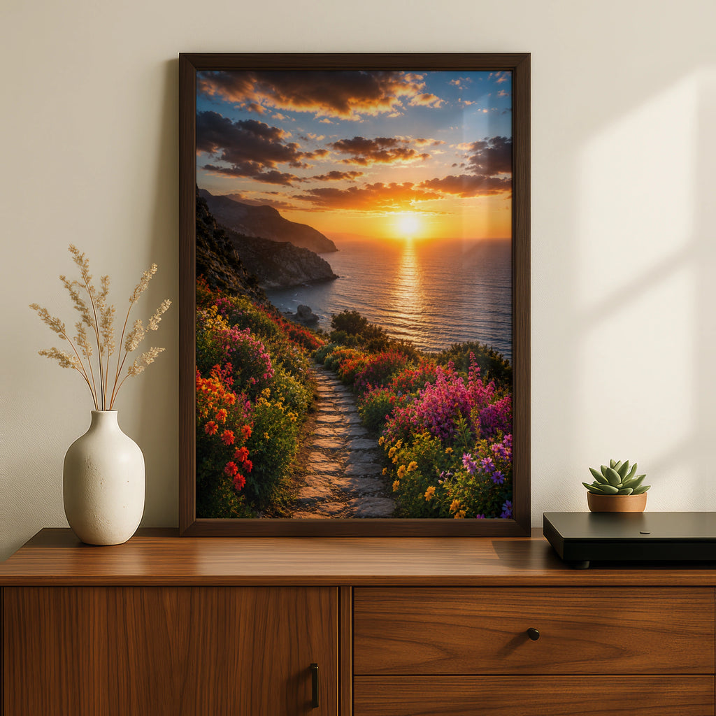 Sunset Coastal Flower Trail Poster, Colourful Wildflower Path, Ocean Wall Art Print