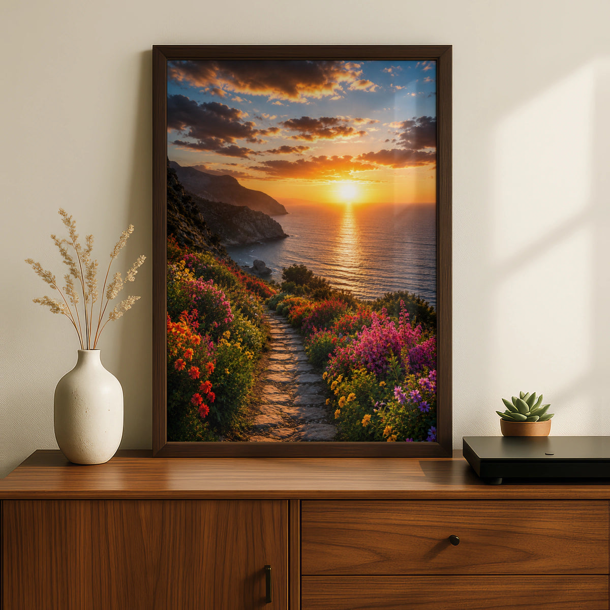 Sunset Coastal Flower Trail Poster, Colourful Wildflower Path, Ocean Wall Art Print