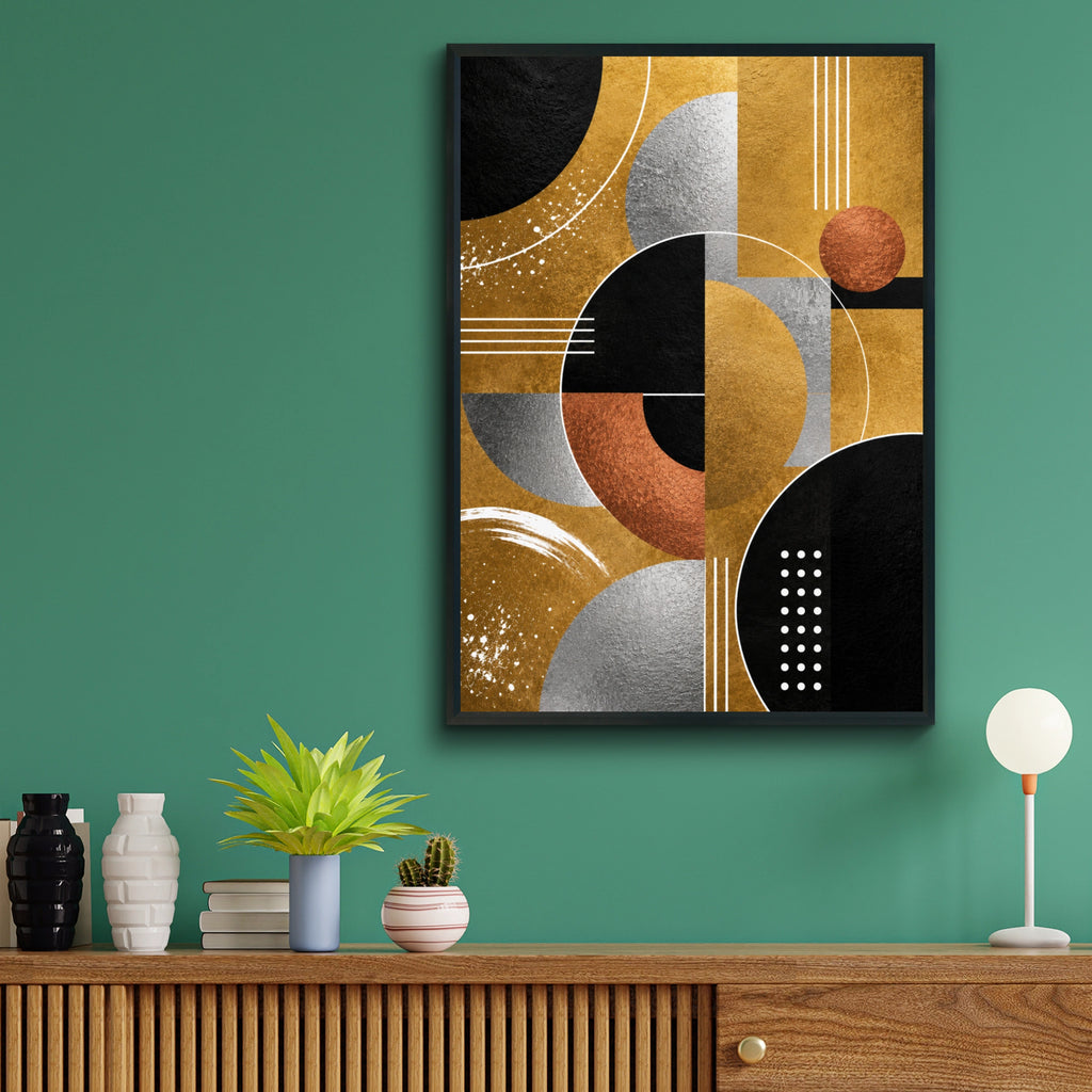 Metallic Abstract Geometric Art Print, Gold Black Silver Bauhaus Wall Poster