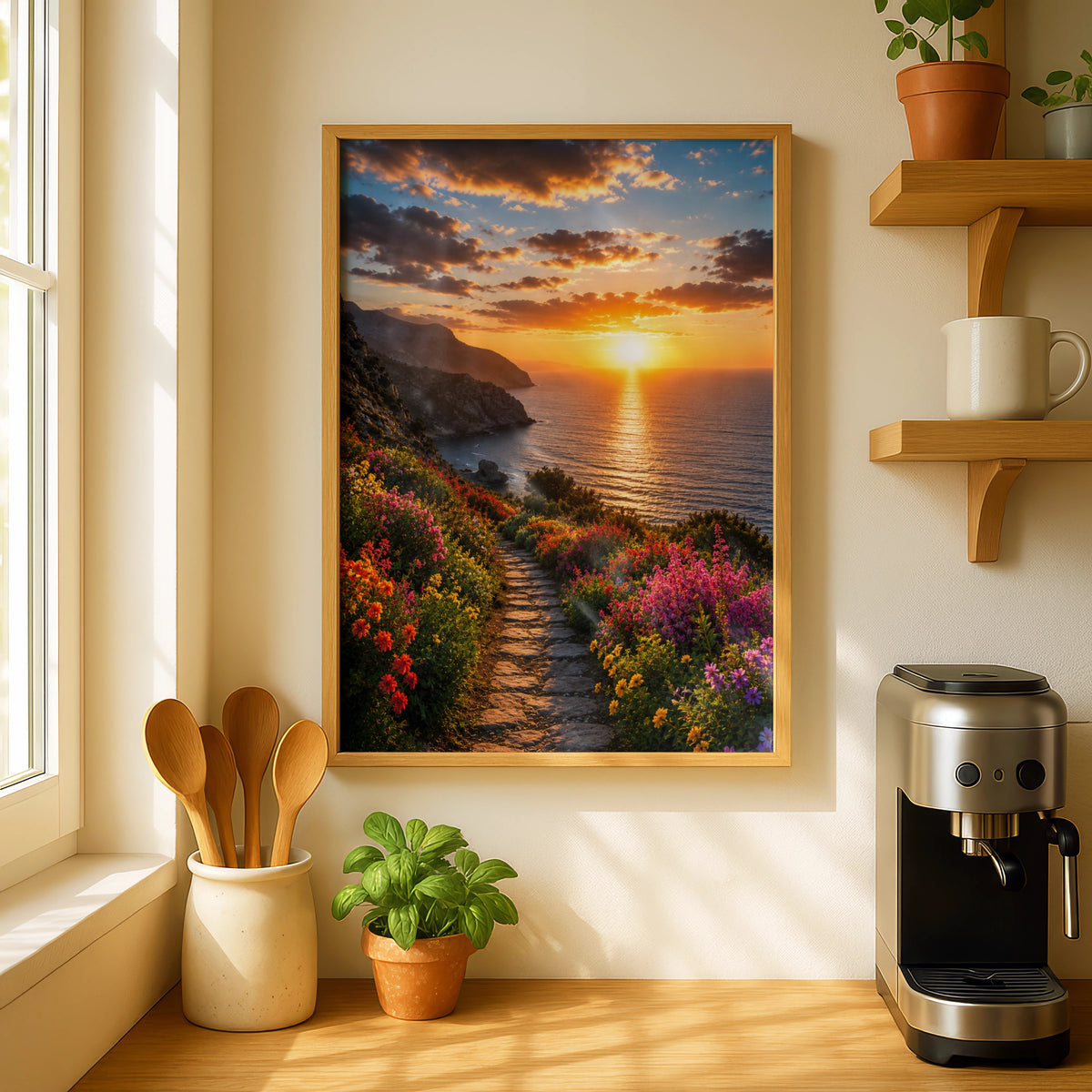 Sunset Coastal Flower Trail Poster, Colourful Wildflower Path, Ocean Wall Art Print