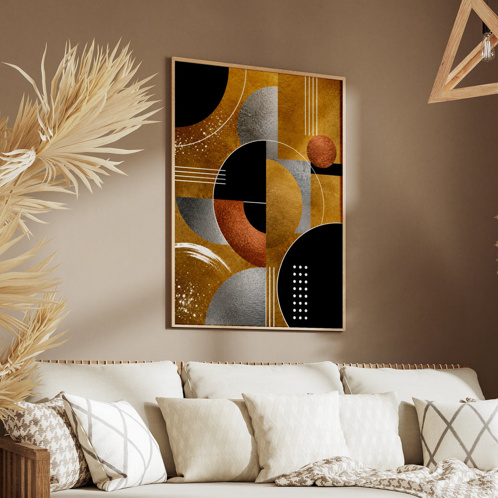 Metallic Abstract Geometric Art Print, Gold Black Silver Bauhaus Wall Poster