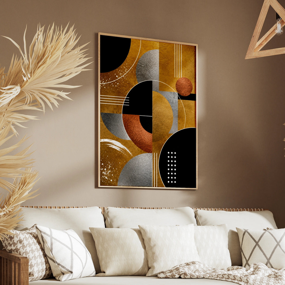 Metallic Abstract Geometric Art Print, Gold Black Silver Bauhaus Wall Poster
