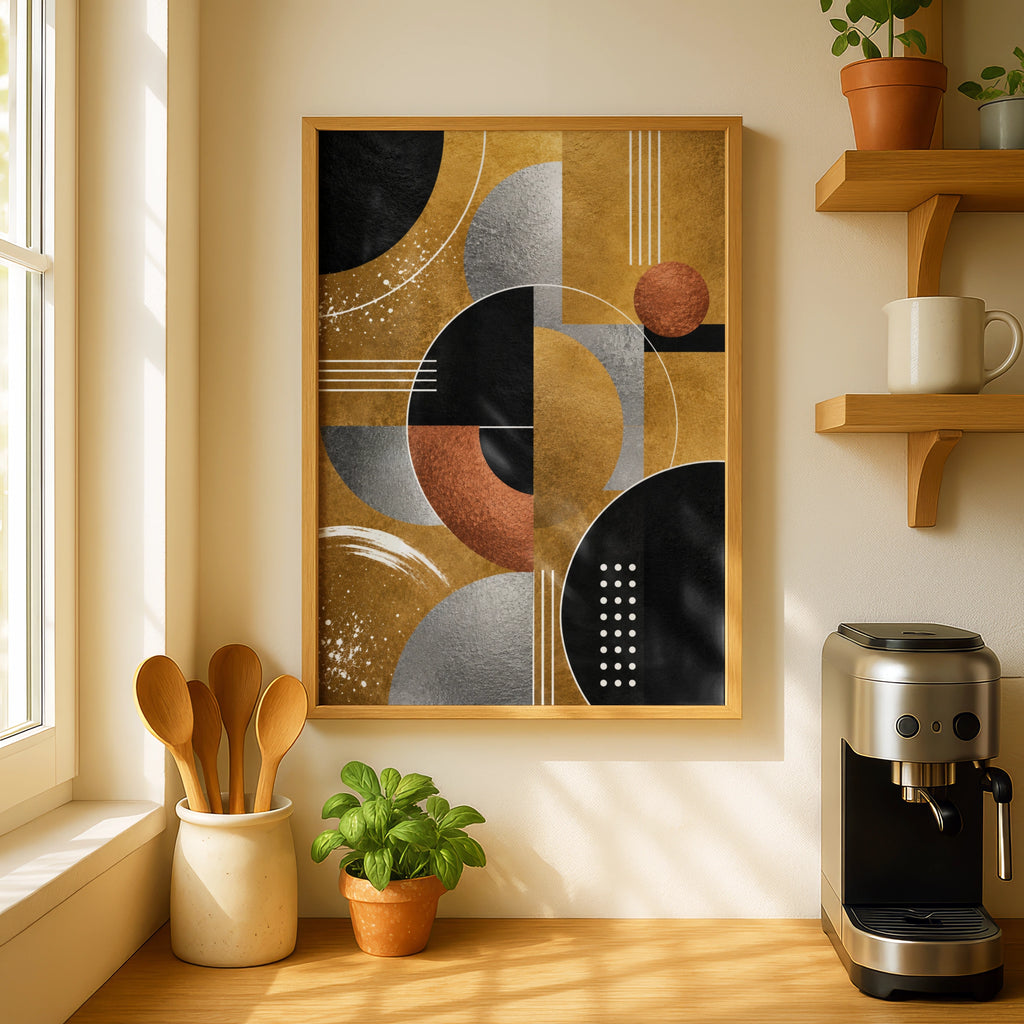 Metallic Abstract Geometric Art Print, Gold Black Silver Bauhaus Wall Poster