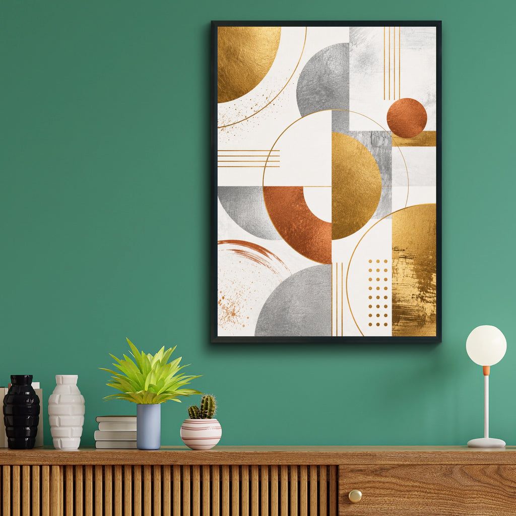 Metallic Abstract Geometric Art Print, Gold Silver Copper Circles, Modern Wall Art Poster