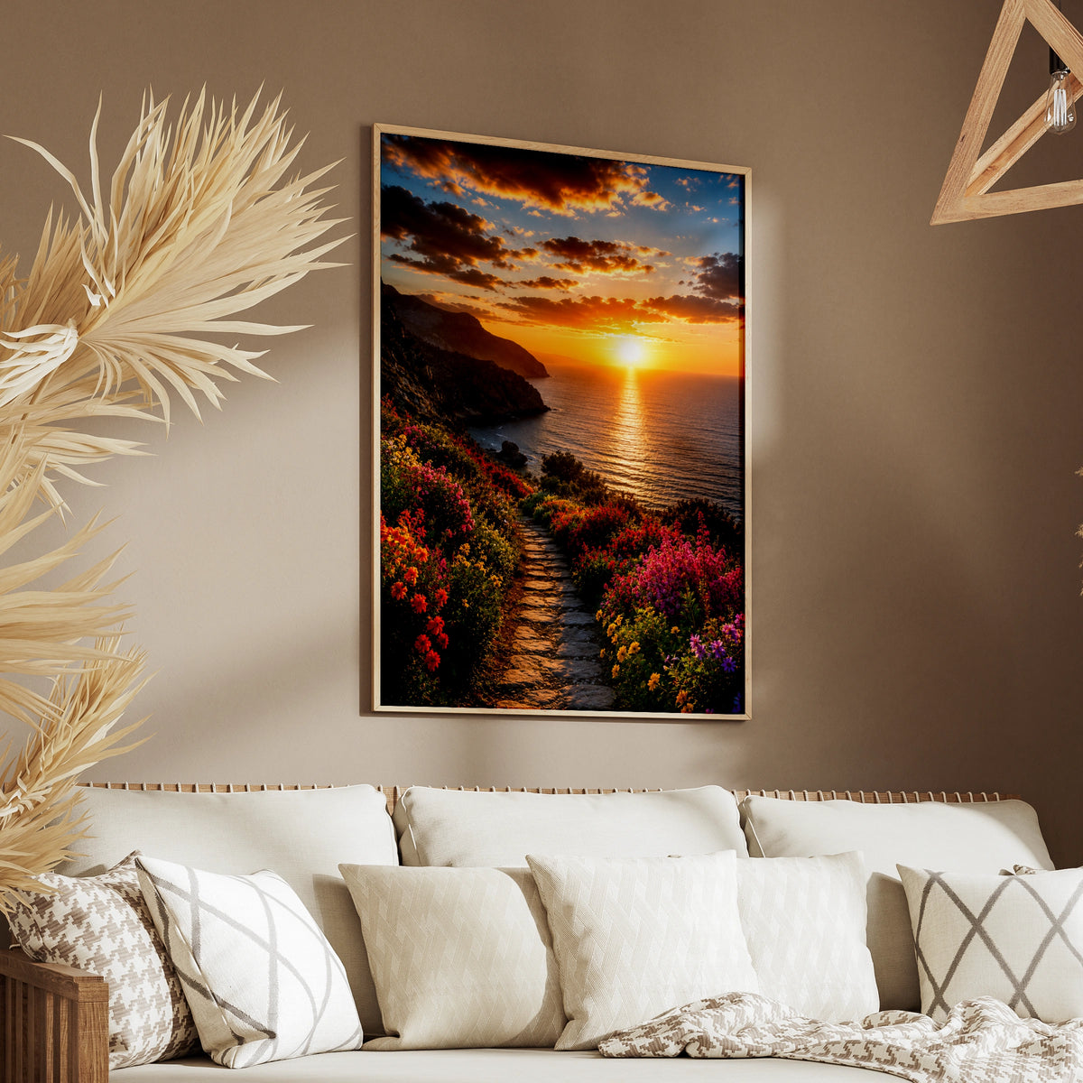 Sunset Coastal Flower Trail Poster, Colourful Wildflower Path, Ocean Wall Art Print