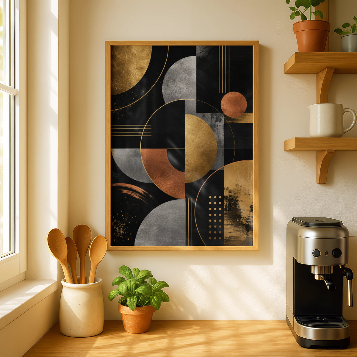 Metallic Abstract Geometric Art Print, Gold Silver Copper Black Modern Poster
