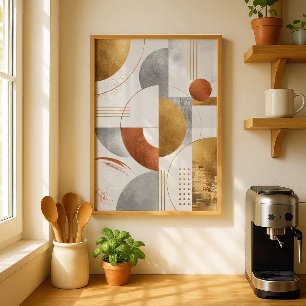 Metallic Abstract Geometric Art Print, Gold Silver Copper Circles, Modern Wall Art Poster