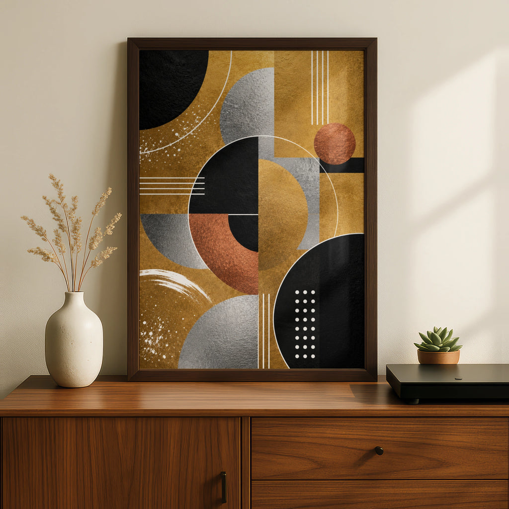 Metallic Abstract Geometric Art Print, Gold Black Silver Bauhaus Wall Poster