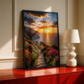 Sunset Coastal Flower Trail Poster, Colourful Wildflower Path, Ocean Wall Art Print