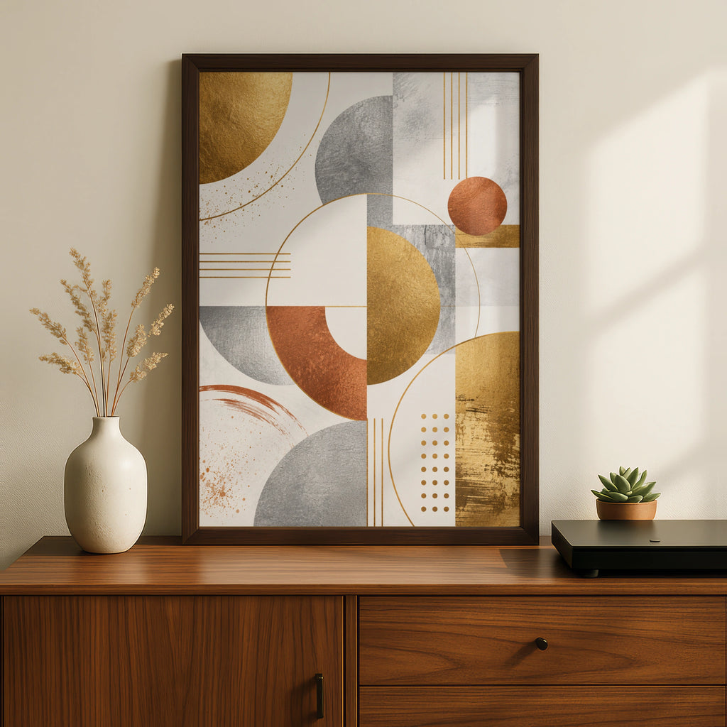 Metallic Abstract Geometric Art Print, Gold Silver Copper Circles, Modern Wall Art Poster