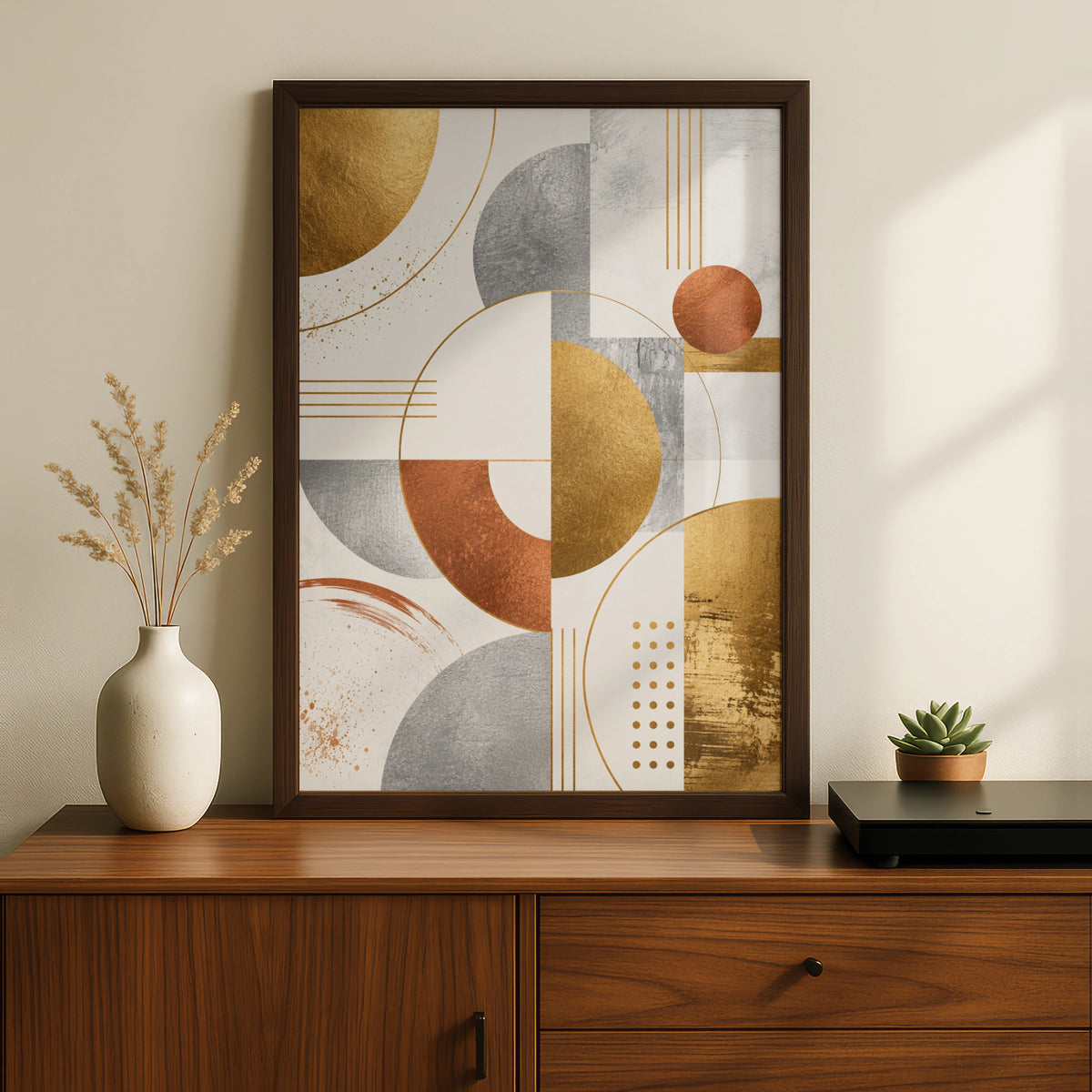Metallic Abstract Geometric Art Print, Gold Silver Copper Circles, Modern Wall Art Poster