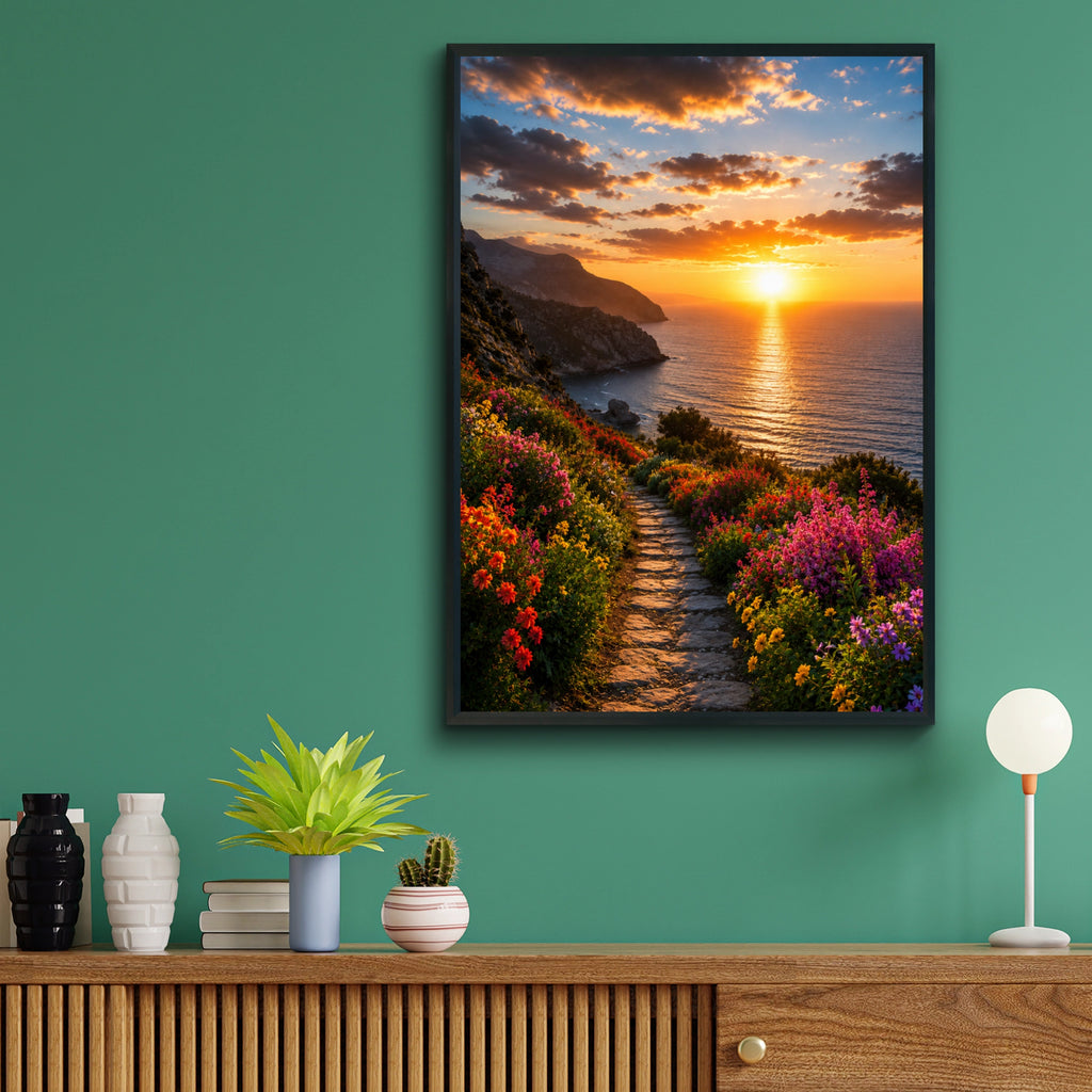 Sunset Coastal Flower Trail Poster, Colourful Wildflower Path, Ocean Wall Art Print