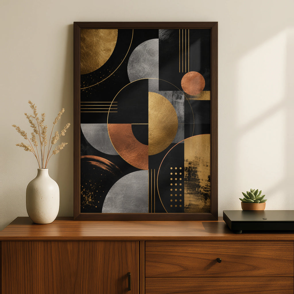 Metallic Abstract Geometric Art Print, Gold Silver Copper Black Modern Poster