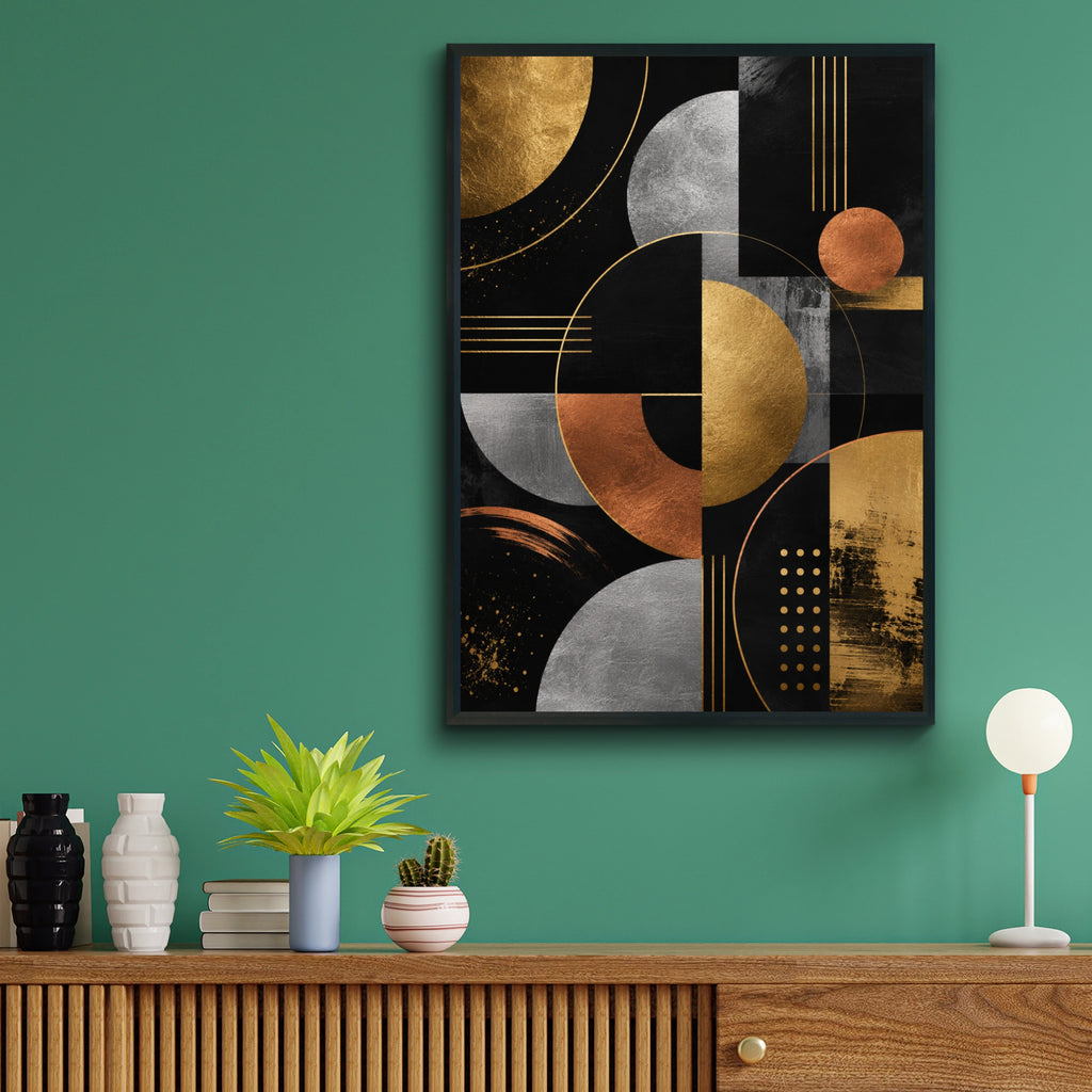 Metallic Abstract Geometric Art Print, Gold Silver Copper Black Modern Poster