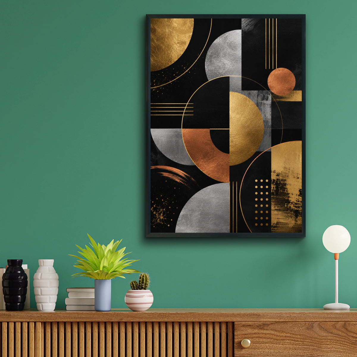 Metallic Abstract Geometric Art Print, Gold Silver Copper Black Modern Poster