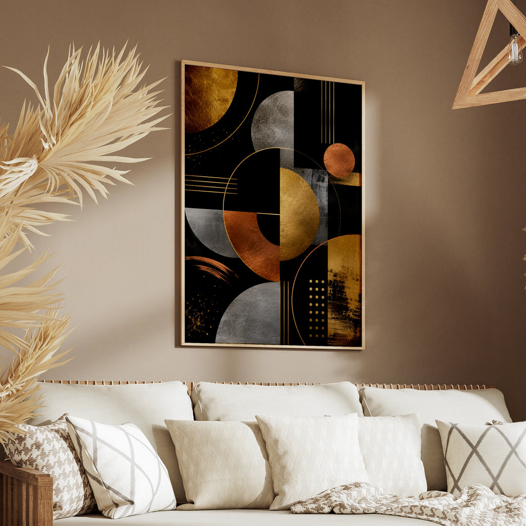 Metallic Abstract Geometric Art Print, Gold Silver Copper Black Modern Poster