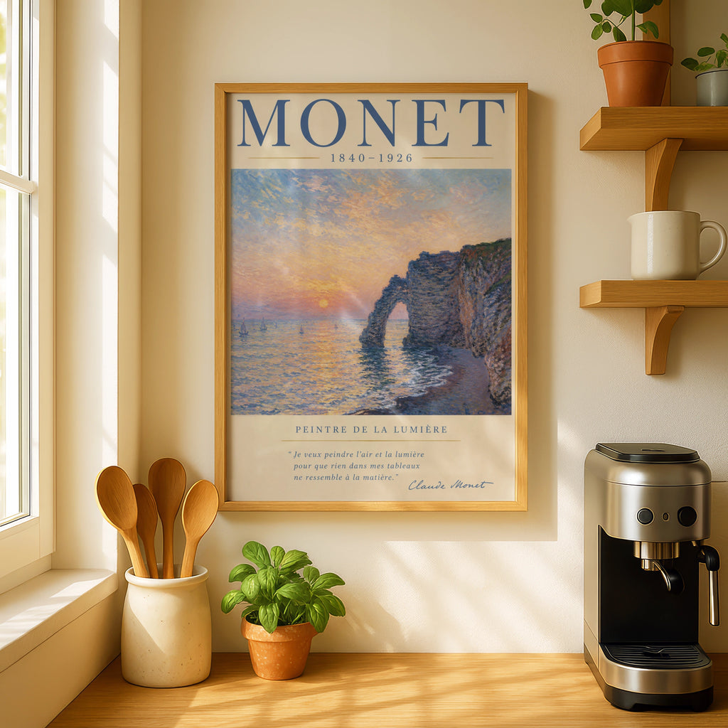 Monet Etretat Cliff Sunset Print, Impressionist Wall Art, French Coastal Poster