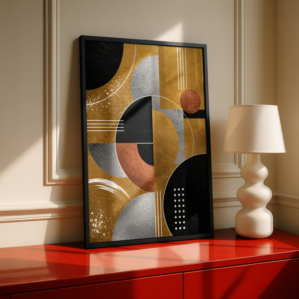 Metallic Abstract Geometric Art Print, Gold Black Silver Bauhaus Wall Poster