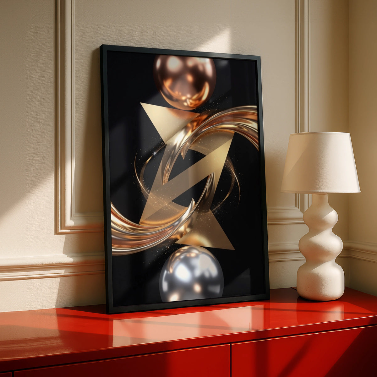 Metallic Abstract Wall Art, Gold Silver Geometric Print, Luxury Black Poster