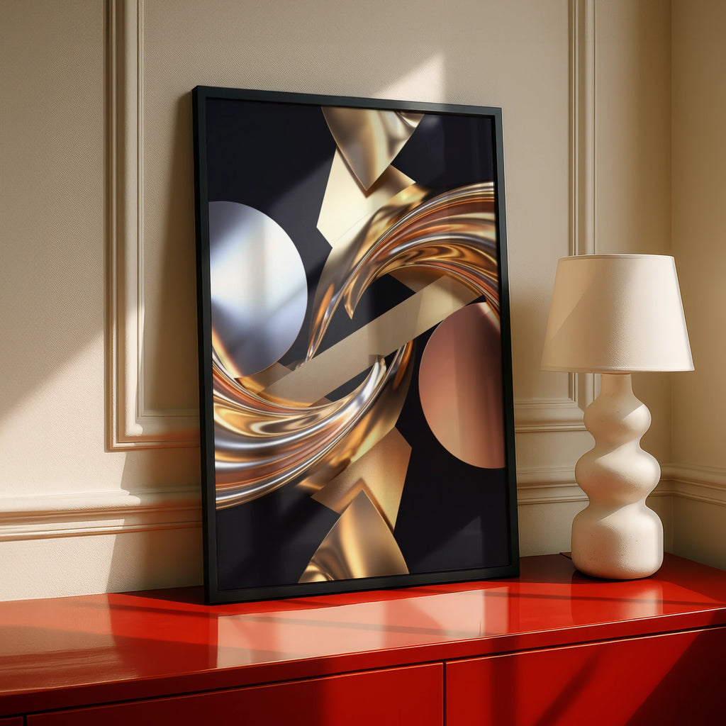 Metallic Abstract Wall Art, Gold Silver Rose Gold 3D Poster, Luxury Modern Print